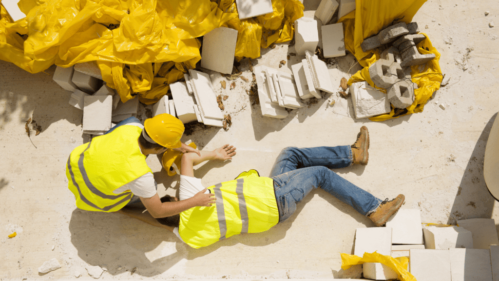 A worker fell from a  high ground recieveing first aid.